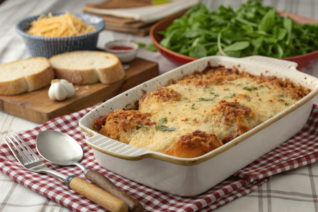 Baked Parmesan crusted chicken in a casserole dish.