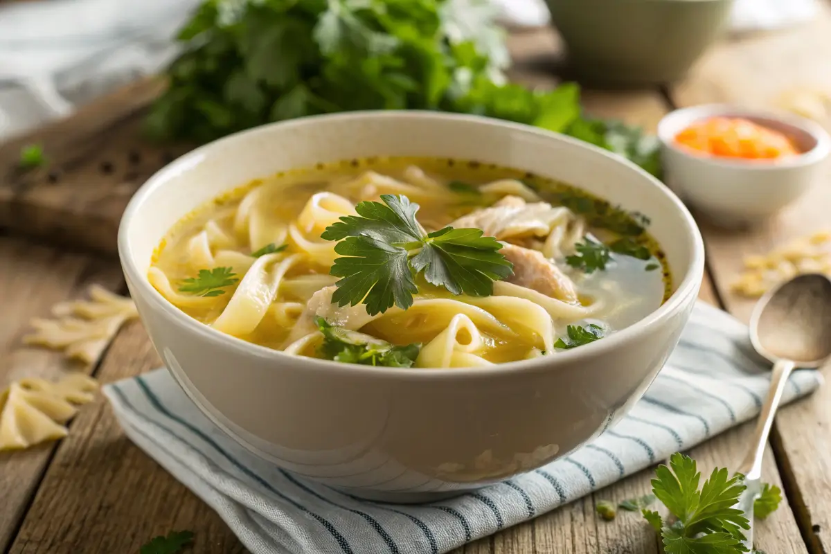 Bowl of steaming gluten-free egg noodles in chicken broth.