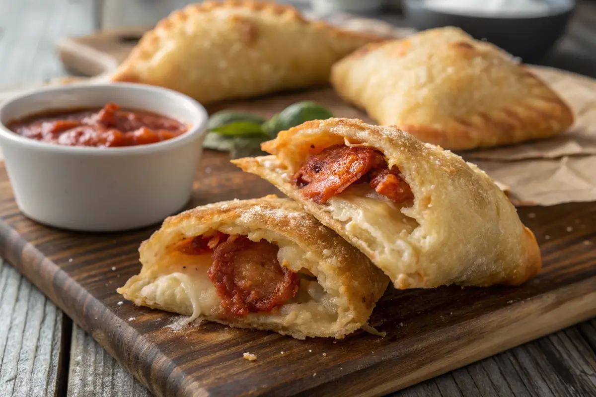 Crispy golden pizza puff with melted cheese inside