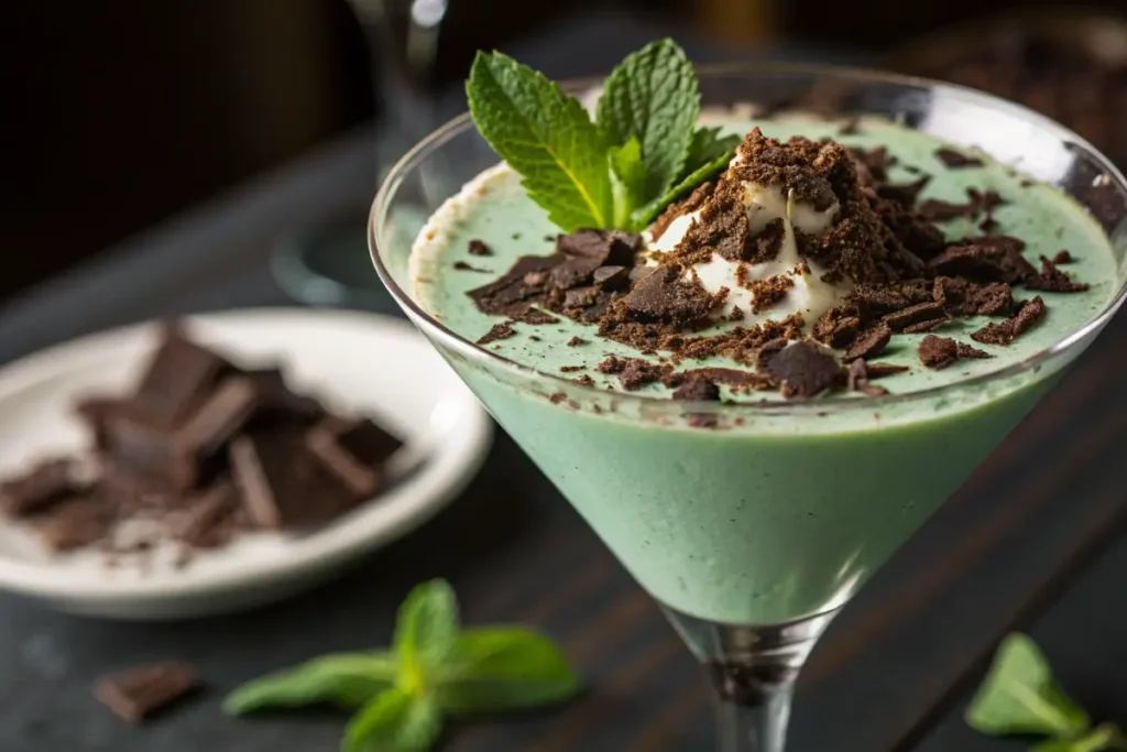 Crème de Menthe: A Comprehensive Guide to History, Uses, and Iconic Cocktails 2 Grasshopper cocktail with crème de menthe and chocolate shavings.