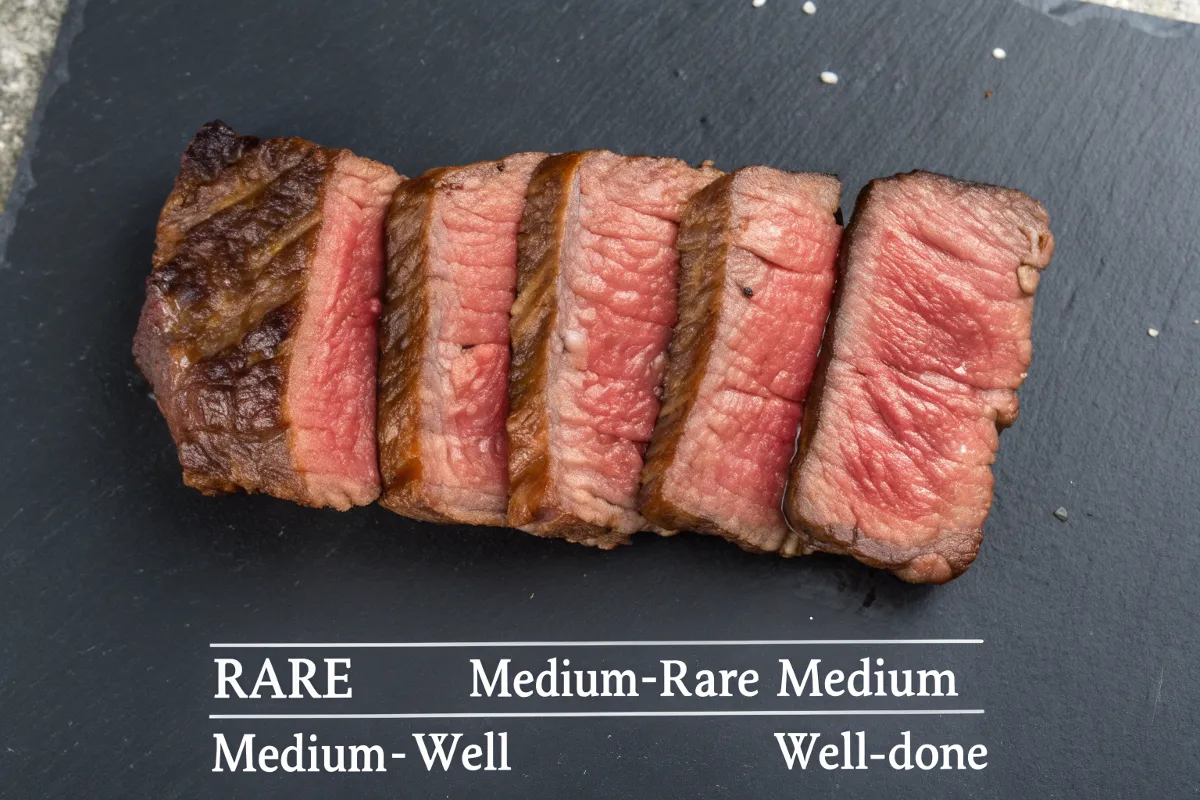 Understanding Steak Doneness Cross-section of steak showing rare to well-done doneness levels