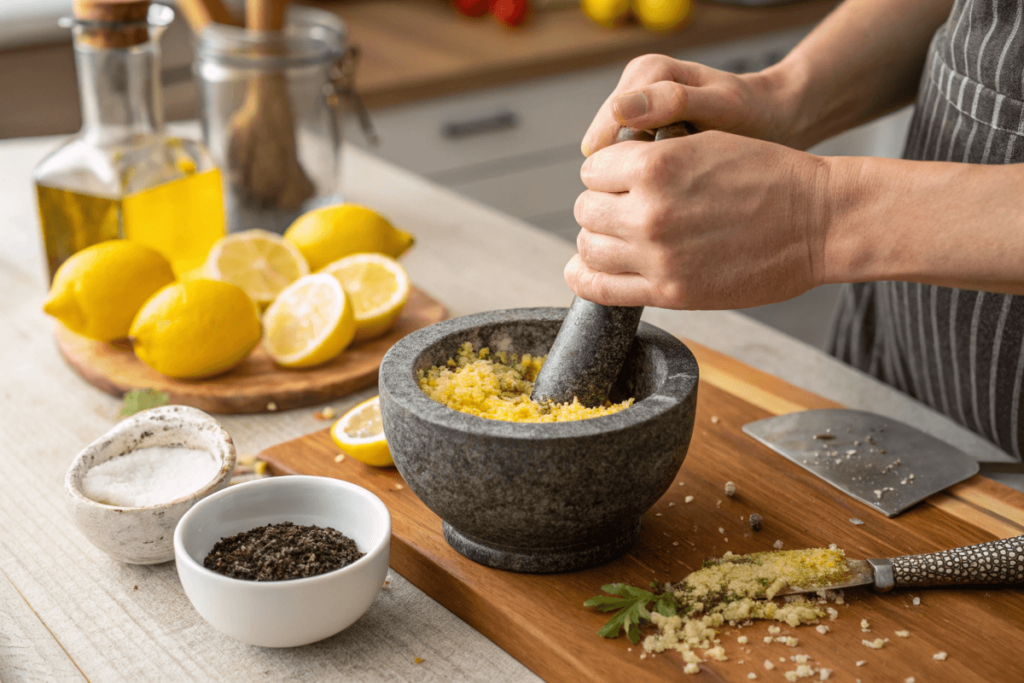 Lemon Pepper Magic: Transform Every Dish Into a Flavorful Feast 2 Making homemade lemon pepper seasoning in a mortar and pestle