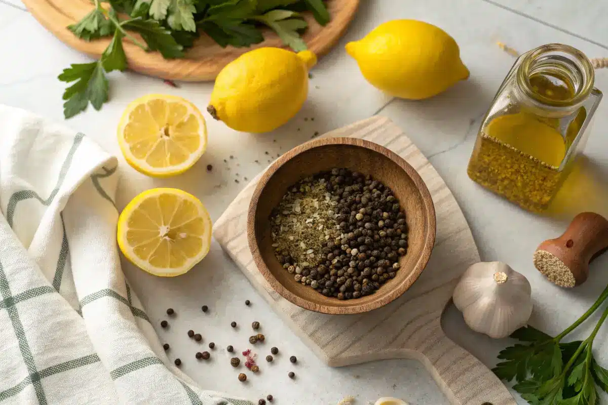 Lemon pepper seasoning ingredients on a rustic kitchen countertop