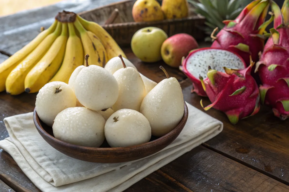 A beautiful assortment of white fruits including bananas, pears, and dragon fruit.