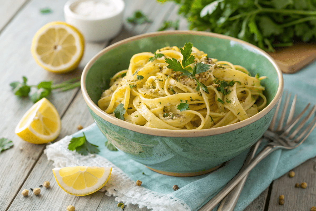 Gluten-free egg noodles in a bowl with herbs and lemon.