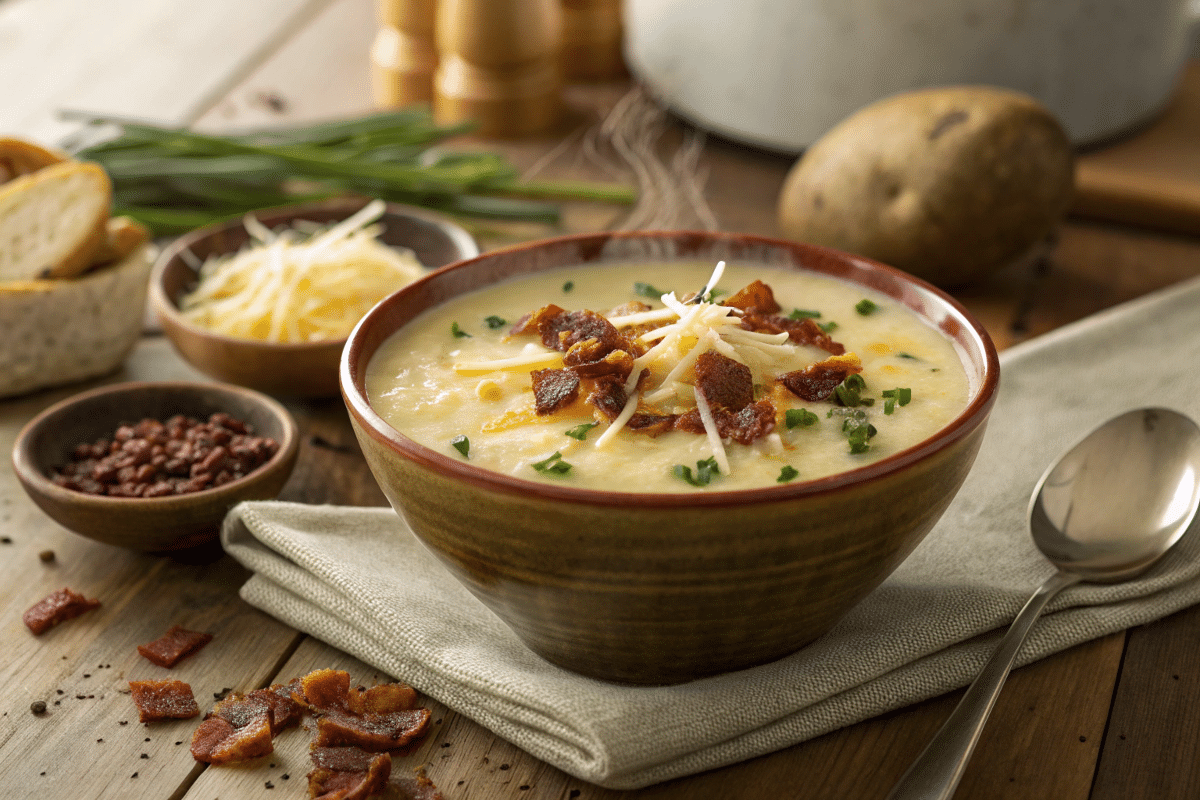 A bowl of 4-ingredient potato soup garnished with bacon and chives.