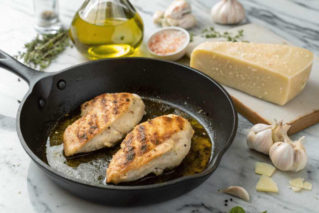 Searing chicken breasts in a skillet.