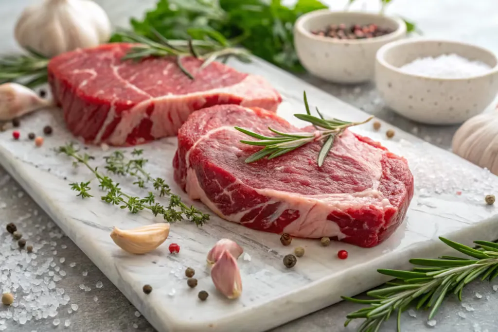 Preparing the Ribeye Steak for Cooking Raw ribeye steak seasoned with salt, pepper, and fresh herbs