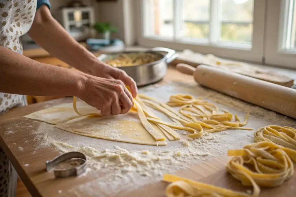 Gluten-Free Egg Noodles: Easy Recipes That’ll Wow Your Family 2 Homemade gluten-free egg noodles being shaped on a floured surface.