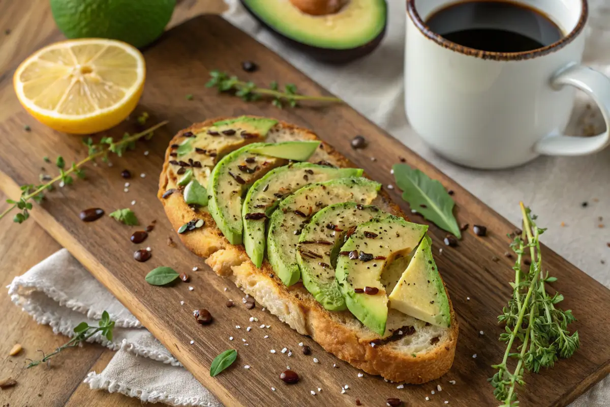 Everything Bagel Avocado Toast on wooden board with herbs and coffee.