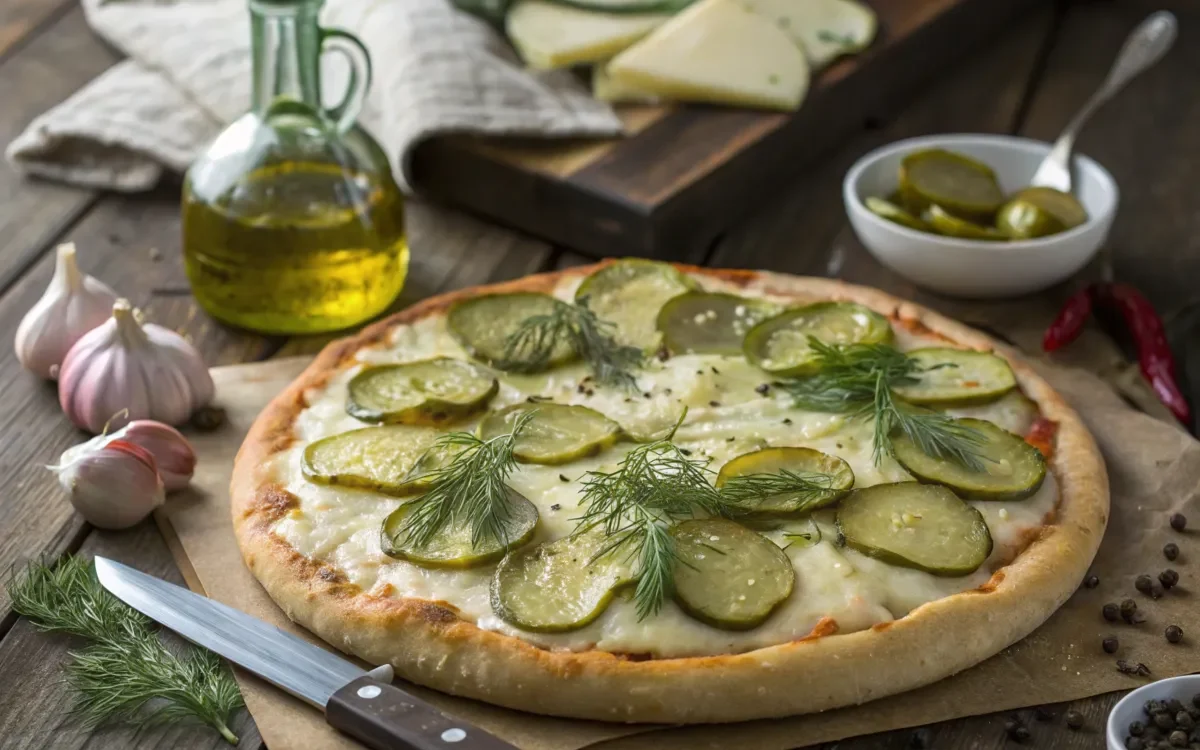 Gourmet pickle pie pizza with dill and melted cheese on a rustic table.