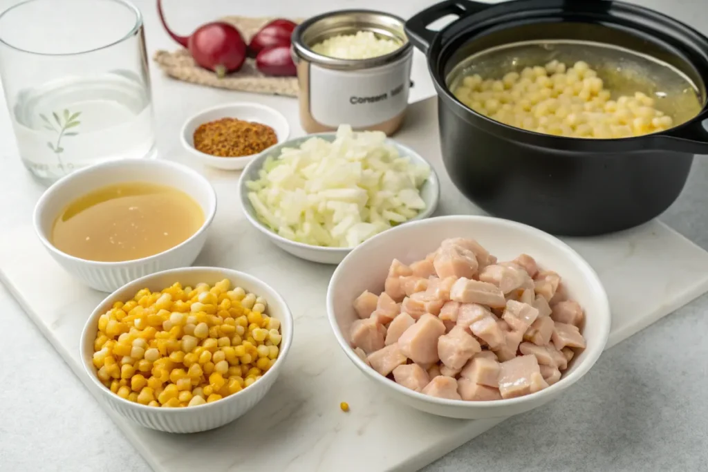 Corn and Chicken Soup 10 Prepared ingredients for making chicken corn soup.