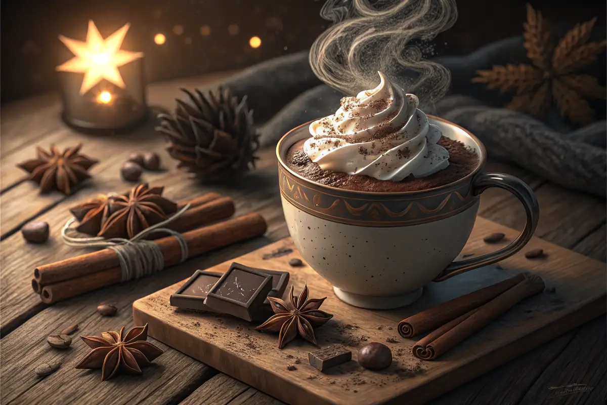 Cozy cup of spiced hot chocolate with cinnamon and whipped cream.