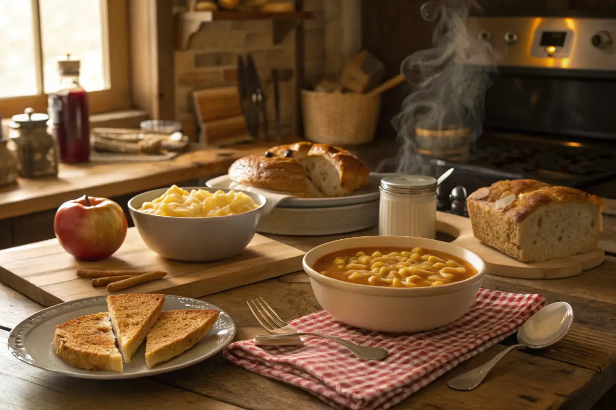 A cozy kitchen table filled with comforting classic foods like mac and cheese, chicken soup, fresh bread, and apple pie.