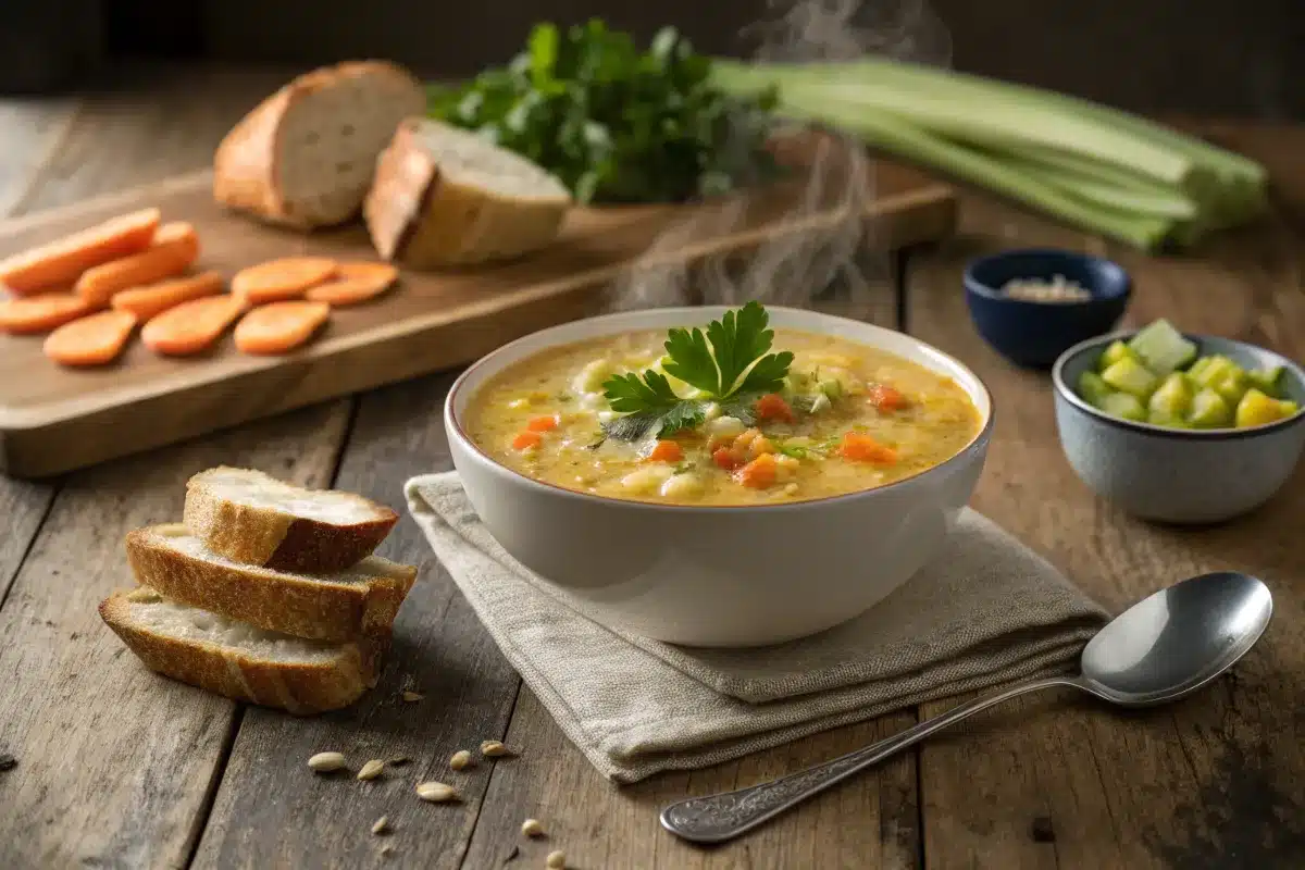 Steaming bowl of comforting chicken corn soup with garnish