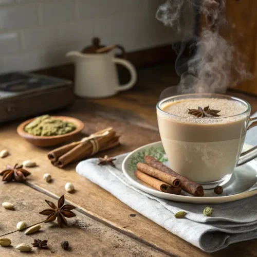 The Ultimate Guide to Chai Latte: History, Recipes, and Best Picks 4 Homemade Chai Latte with cinnamon and spices in a cozy kitchen.