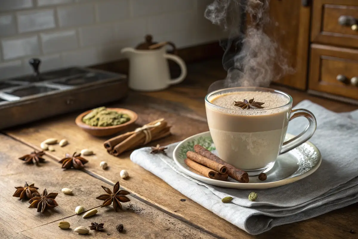 Homemade Chai Latte with cinnamon and spices in a cozy kitchen.
