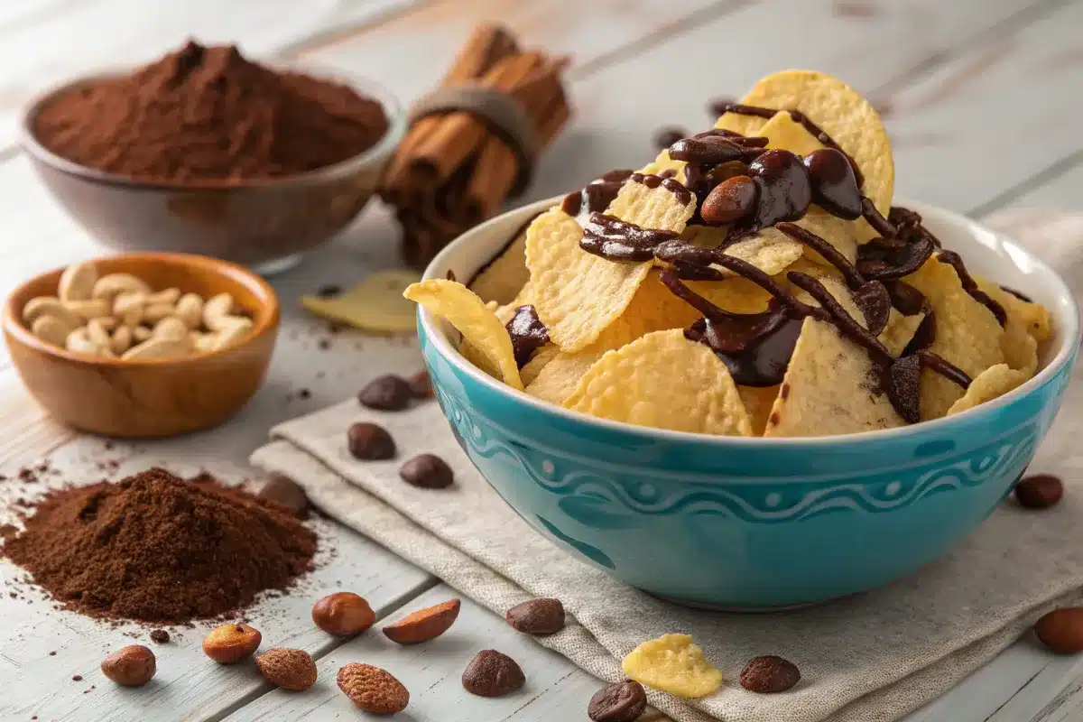Bowl of chocolate covered potato chips with drizzled chocolate and nuts