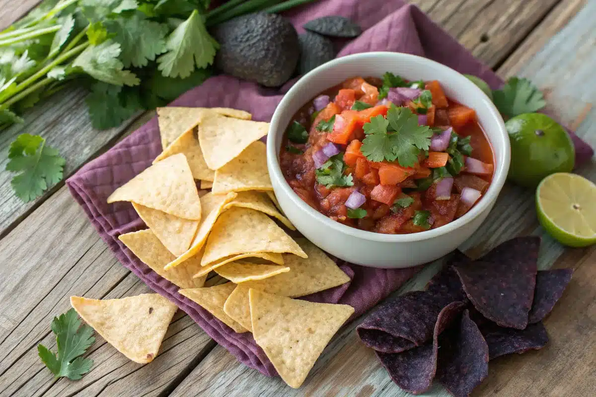 Bowl of salsa with potato chips