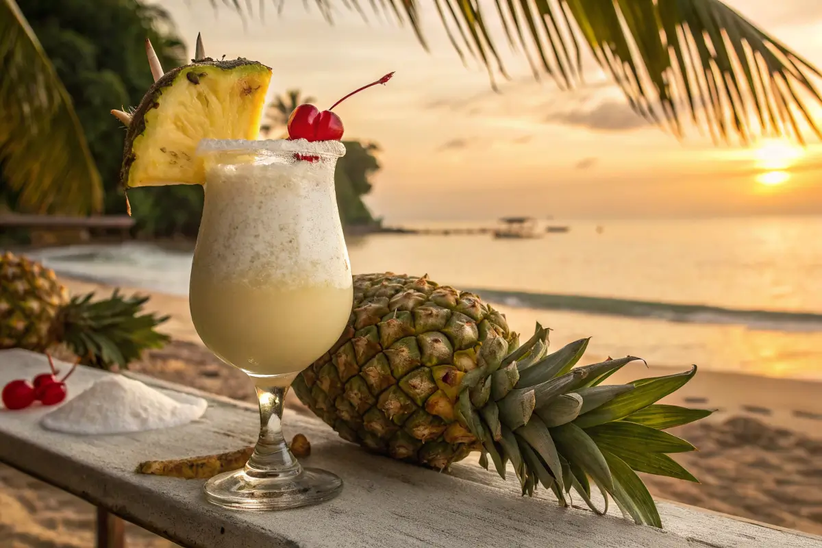 Creamy Virgin Pina Colada with pineapple garnish on a tropical beach.