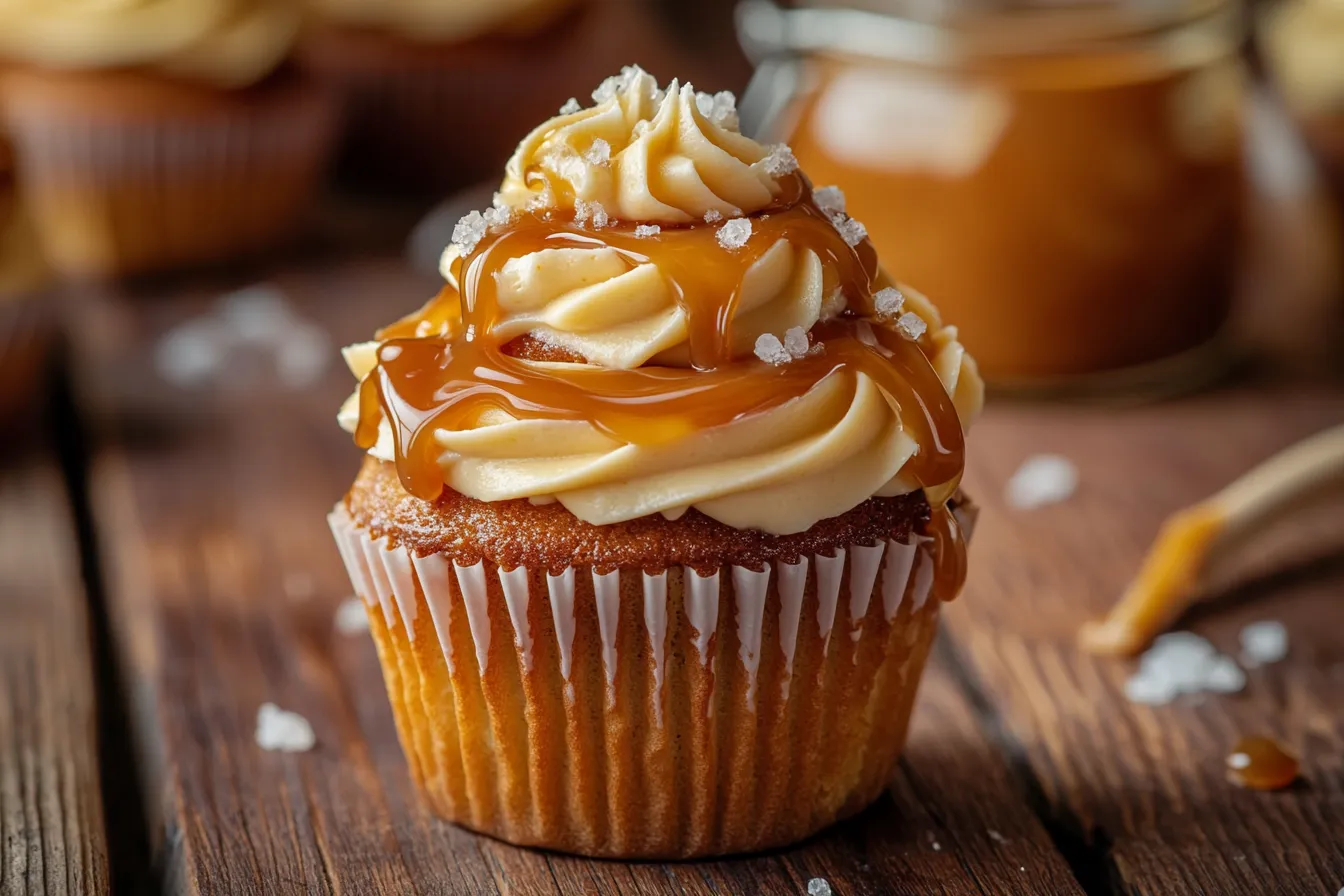 A beautifully decorated Salted Caramel Cream Cheese Cupcake topped with caramel frosting, drizzled with golden salted caramel sauce, and sprinkled with sea salt, sitting on a rustic wooden table.