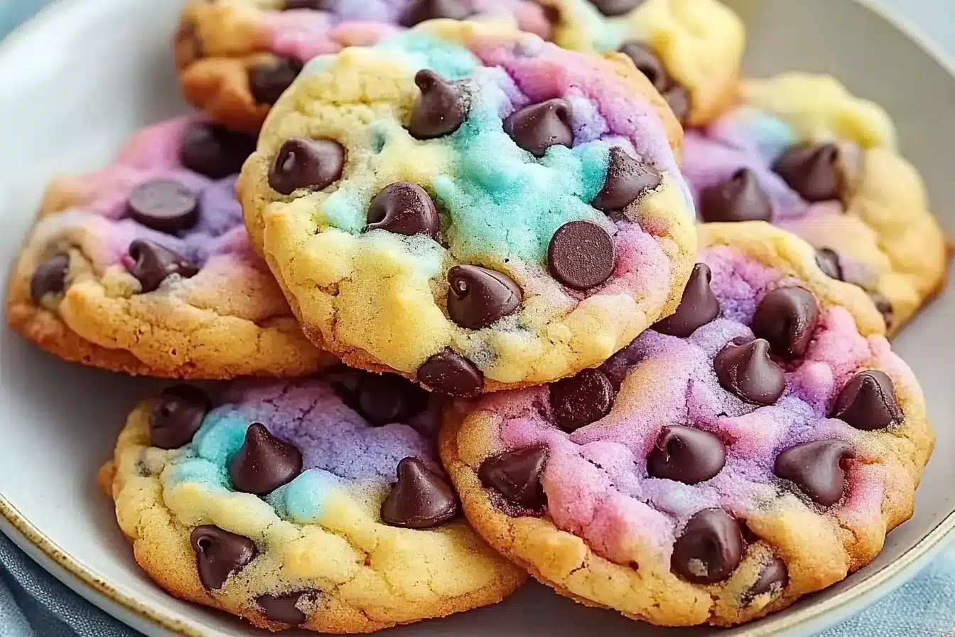 A plate of colorful chocolate chip cookies with a marbled pastel swirl effect in pink, blue, yellow, and purple, topped with semi-sweet chocolate chips.
