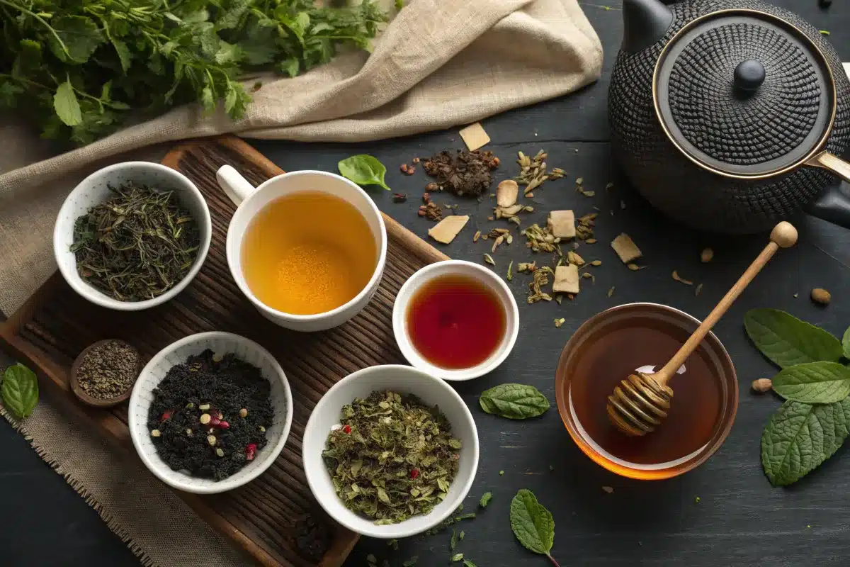 A beautiful assortment of different kinds of tea displayed in cups and bowls