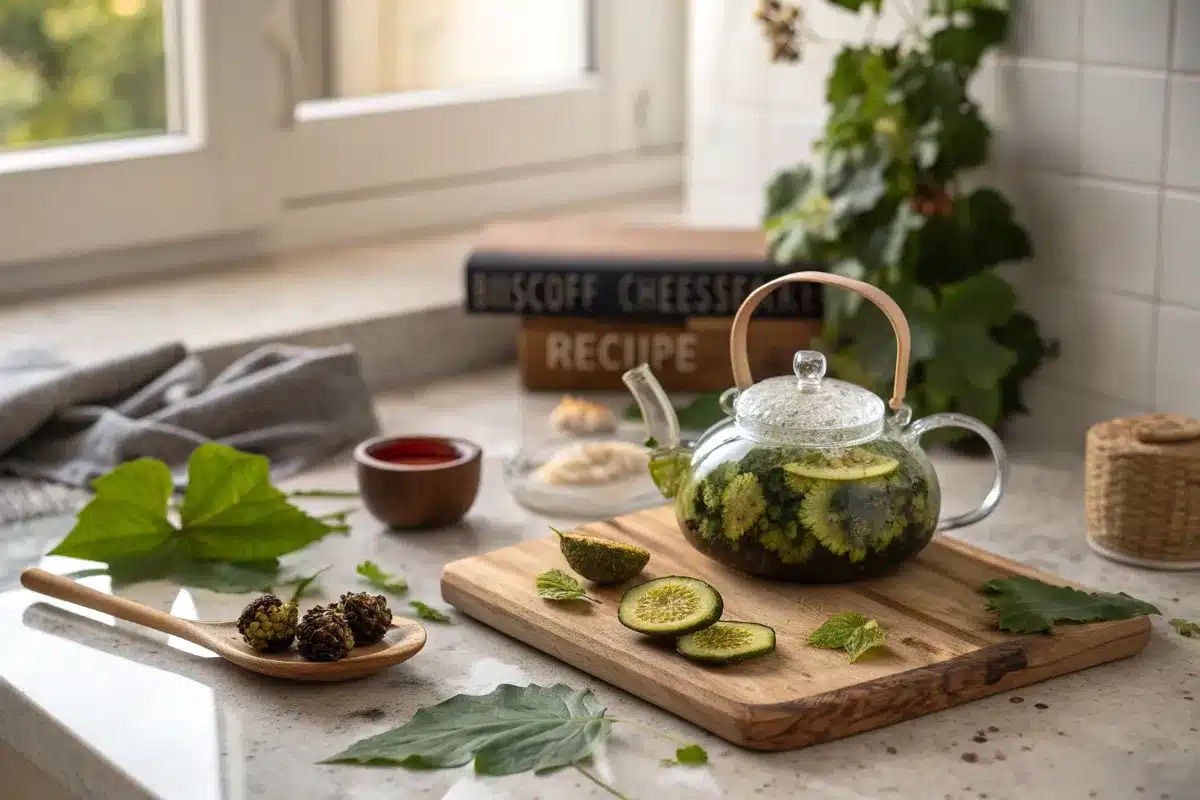 Balsam pear and mulberry leaf tea on a wooden countertop
