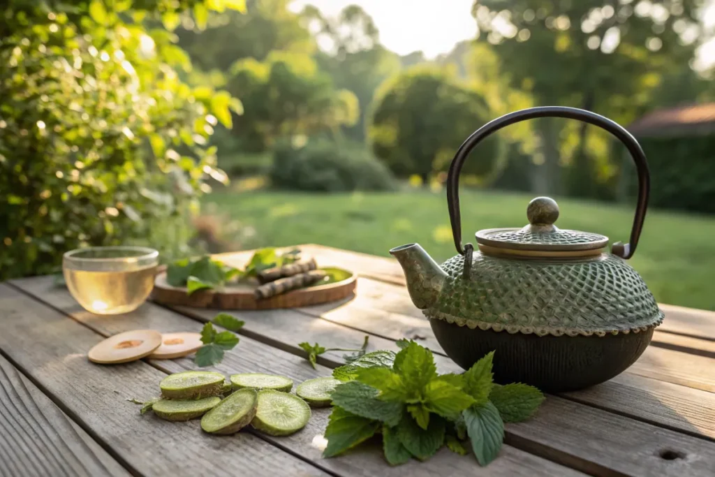 Balsamic tea with pear and raspberry leaves 10 Traditional tea setup in a peaceful garden