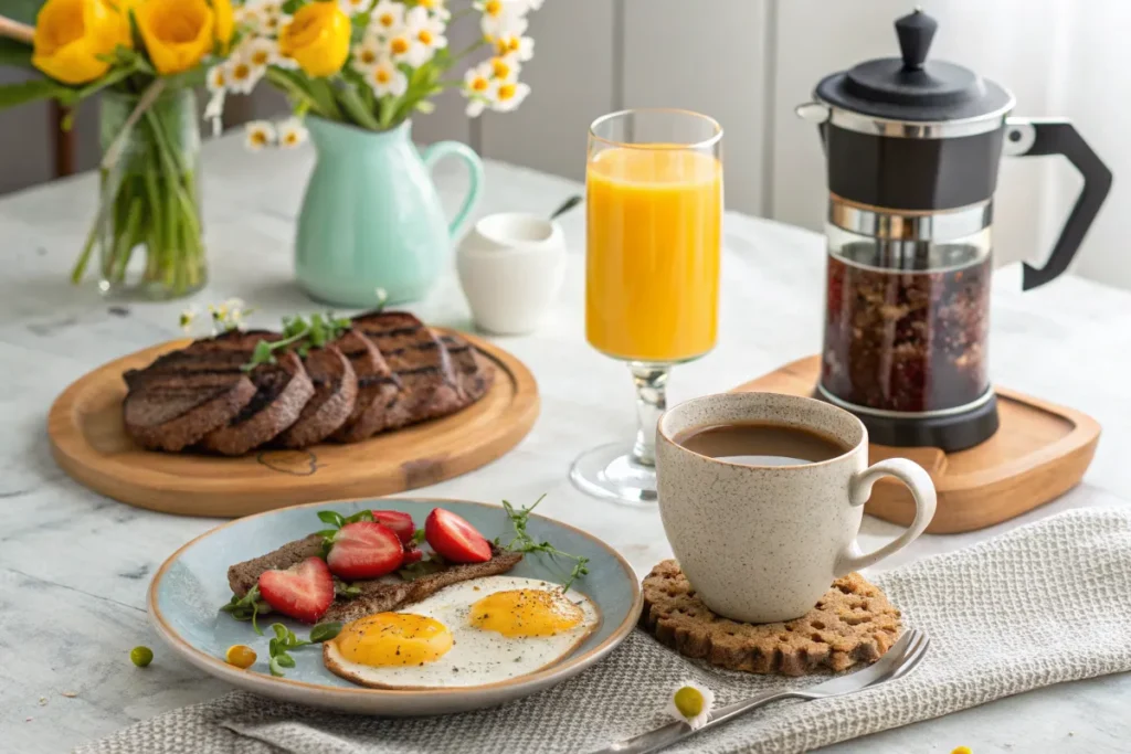 Classic Steak and Eggs Recipe – A British Breakfast Twist for Spring 11 Beverage pairings with steak and eggs including black tea, French press coffee, orange juice, and a mimosa.