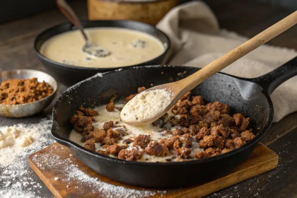 Sausage Gravy Breakfast Pizza 8 Sausage browning in a skillet as gravy thickens with flour and milk.