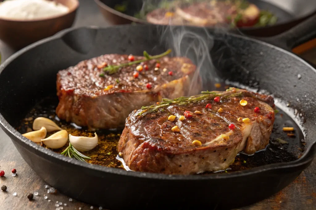 Classic Steak and Eggs Recipe – A British Breakfast Twist for Spring 5 Ribeye steaks sizzling in a cast iron skillet with paprika and garlic