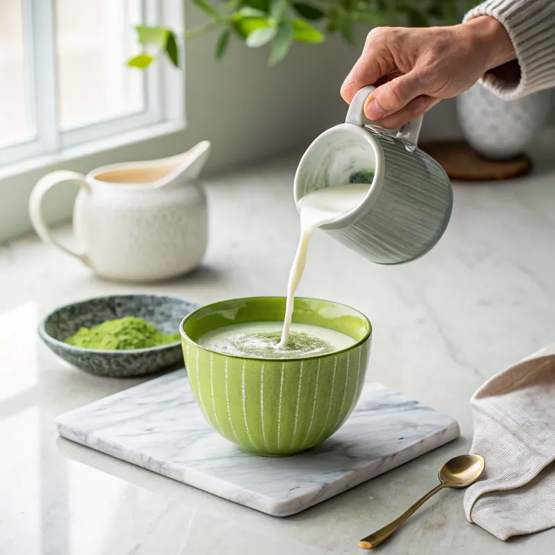 Protein Matcha Latte: A Delicious and Energizing Superdrink 6 Pouring Protein Milk into Matcha