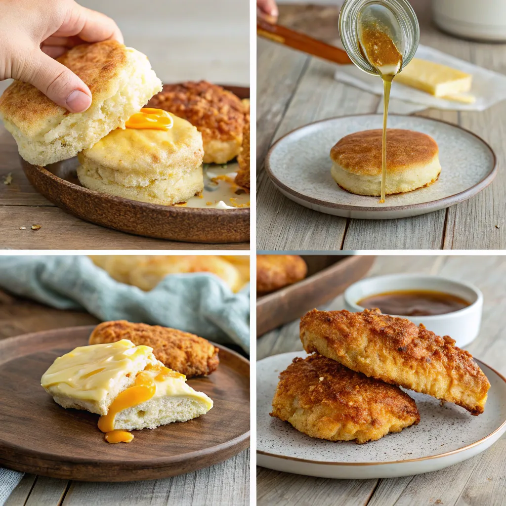 Honey Butter Chicken Biscuit Recipe: Southern Comfort You’ll Crave Again 8 Assembling a honey butter chicken biscuit step-by-step collage