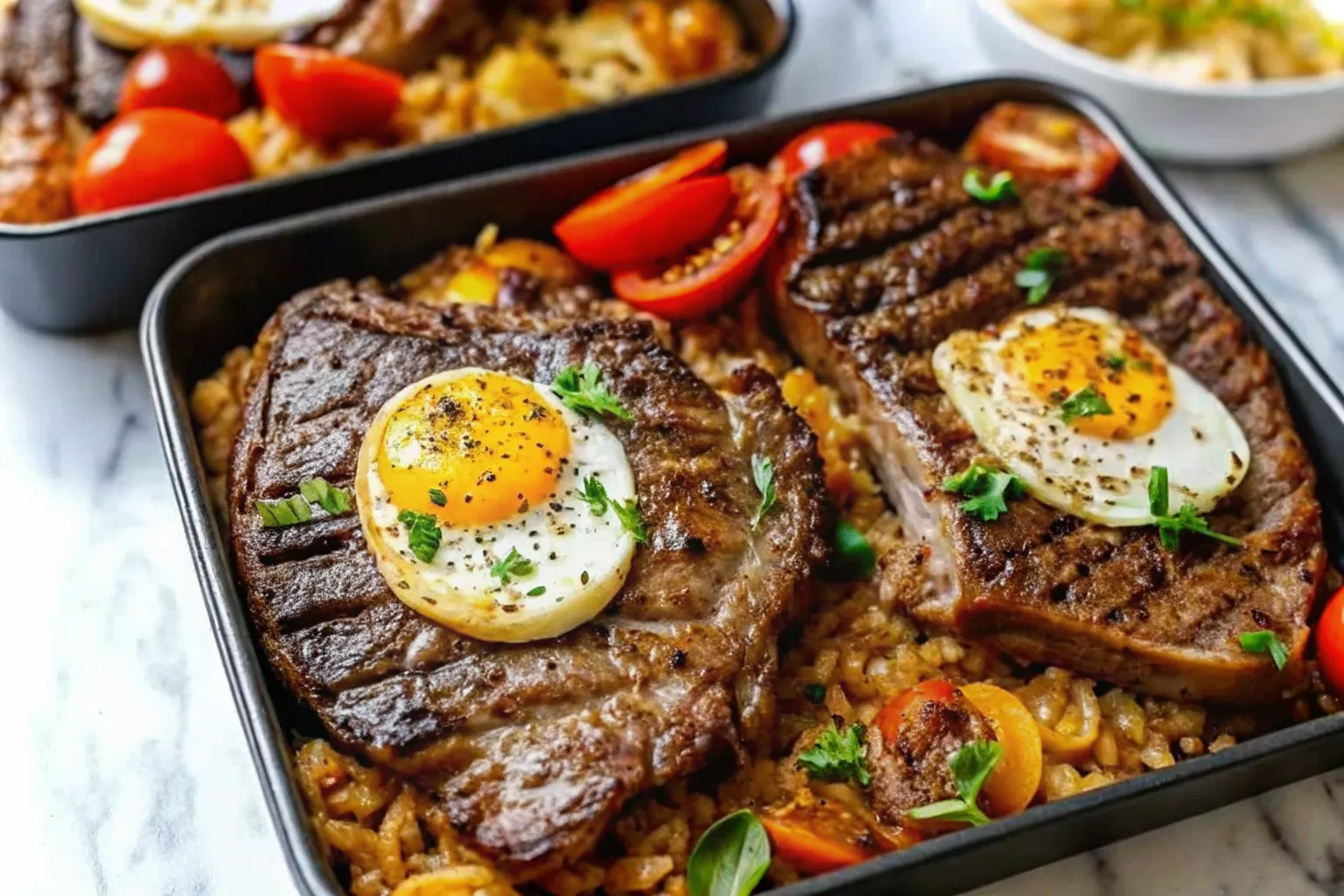 Overhead view of a classic steak and eggs breakfast with ribeye steaks and sunny-side-up eggs