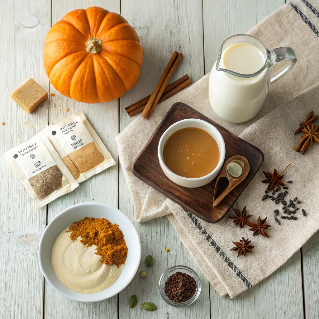 Pumpkin Spice Chai Latte – Creamy, Healthy Fall Favorite 7 Pumpkin Spice Chai Latte ingredients on table