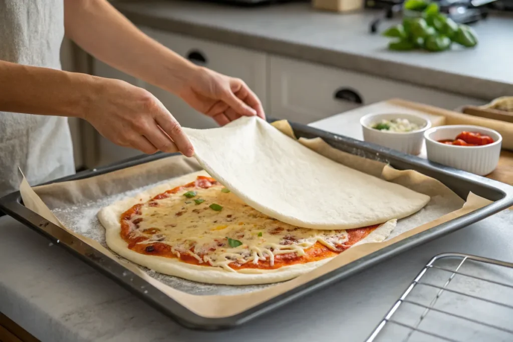 Sausage Gravy Breakfast Pizza 9 Prepping and pre-baking pizza dough on a baking sheet.