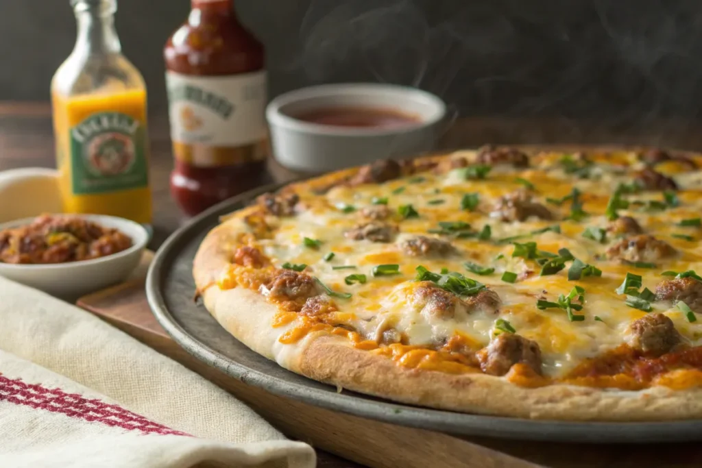 Sausage Gravy Breakfast Pizza 10 Hot breakfast pizza fresh from the oven with melted cheese and golden sausage gravy.
