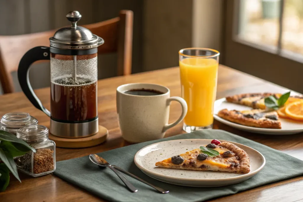 Sausage Gravy Breakfast Pizza 11 Hot tea, coffee, juice, and mimosa as drink pairings for a brunch pizza.