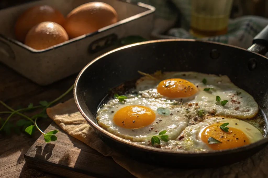 Classic Steak and Eggs Recipe – A British Breakfast Twist for Spring 6 Sunny-side-up eggs frying in a skillet with bubbling butter