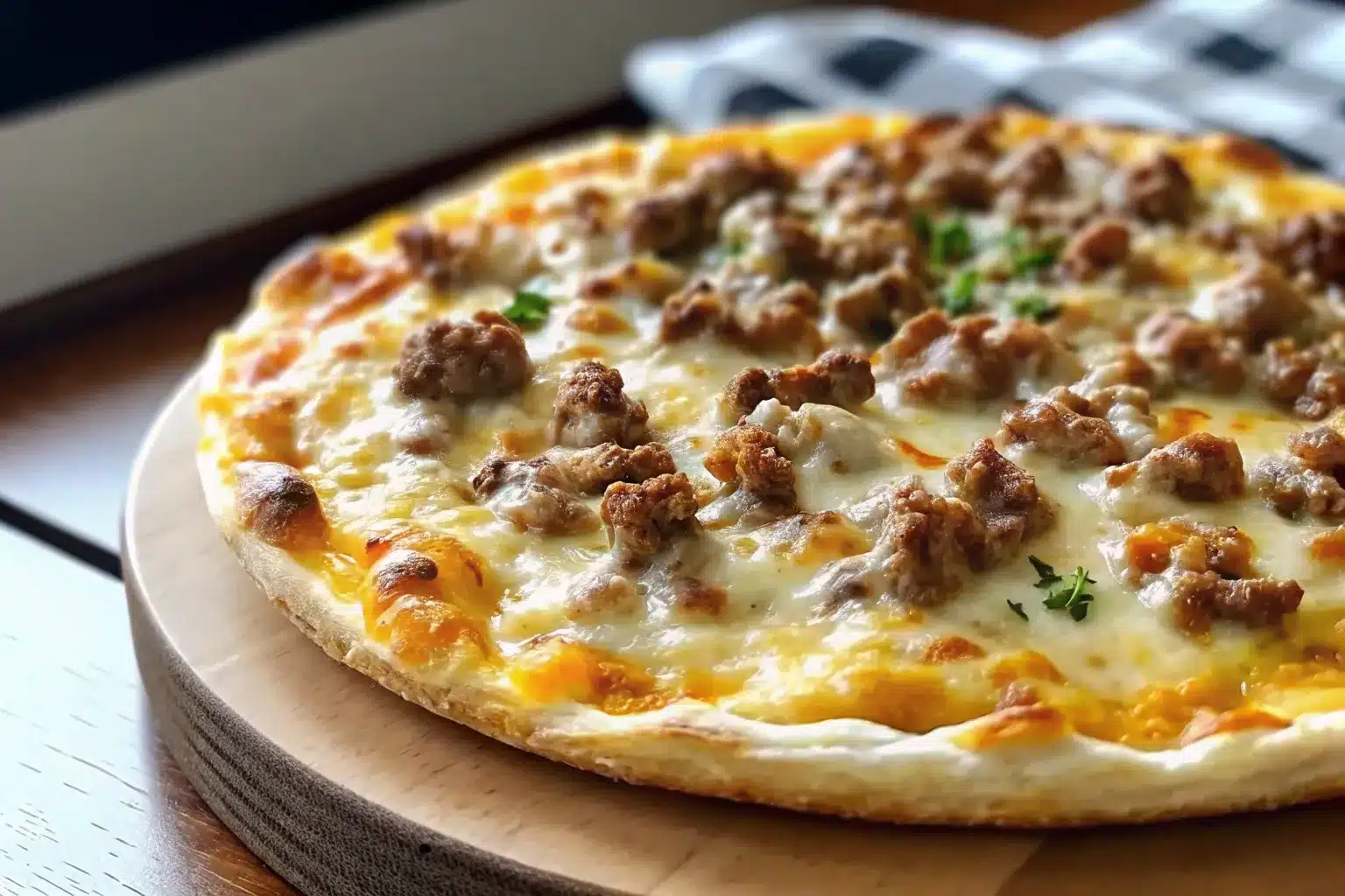 Southern-style breakfast pizza topped with sausage gravy, eggs, and melted cheese on a wooden table.