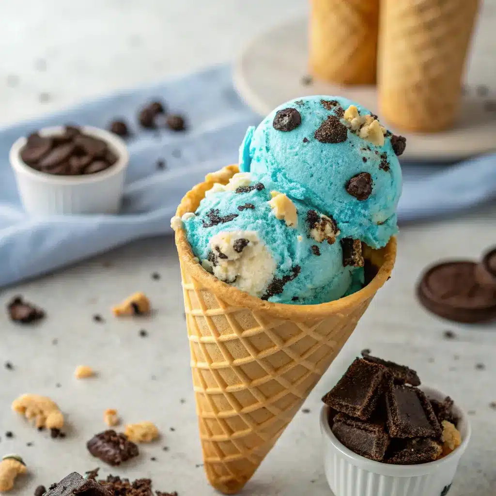 Cookie monster ice cream in cone