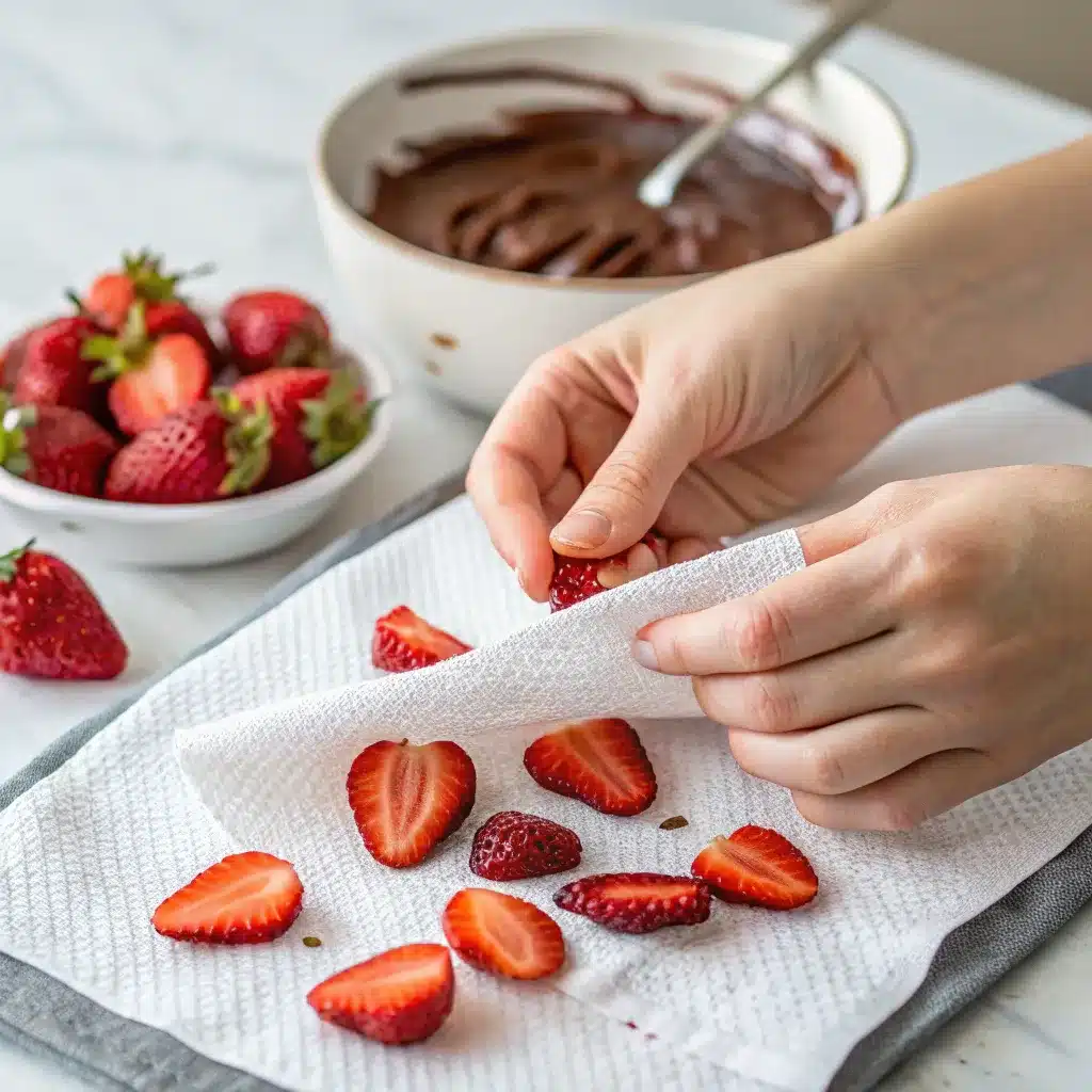 Dubai Chocolate Strawberries – A Luxurious Treat You Can Make at Home 9 drying strawberries for chocolate dipping