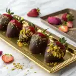 dubai chocolate strawberries on gold tray