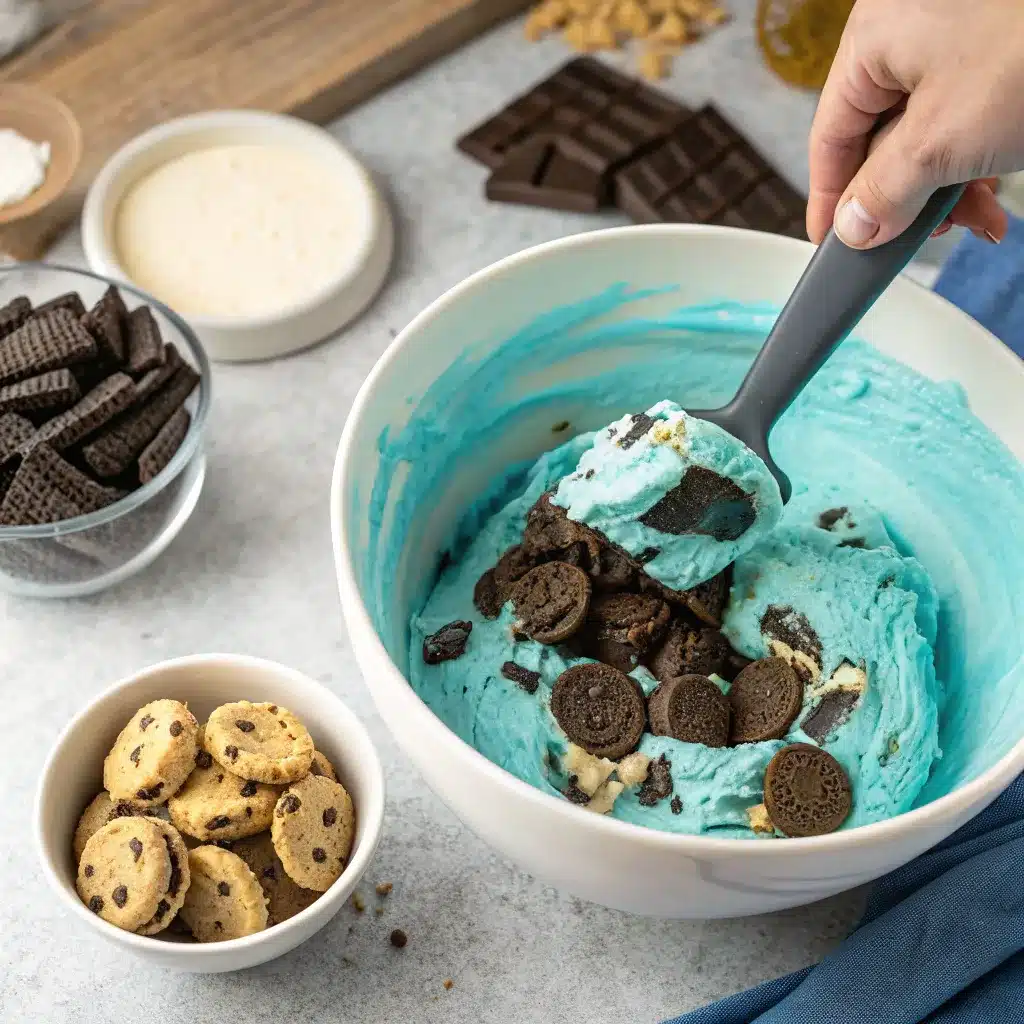 Cookie Monster Ice Cream: Easy, Fun, and Blue Cookie Dessert 9 Folding cookies into cookie monster ice cream base