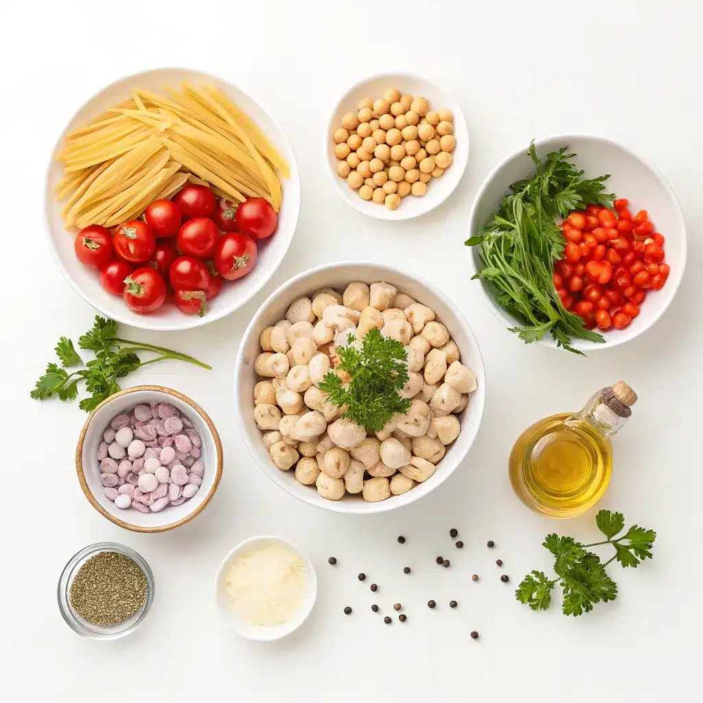 High-Protein Pasta Salad That’s Easy, Filling, and Delicious 5 ingredients for high protein pasta salad laid out in bowls