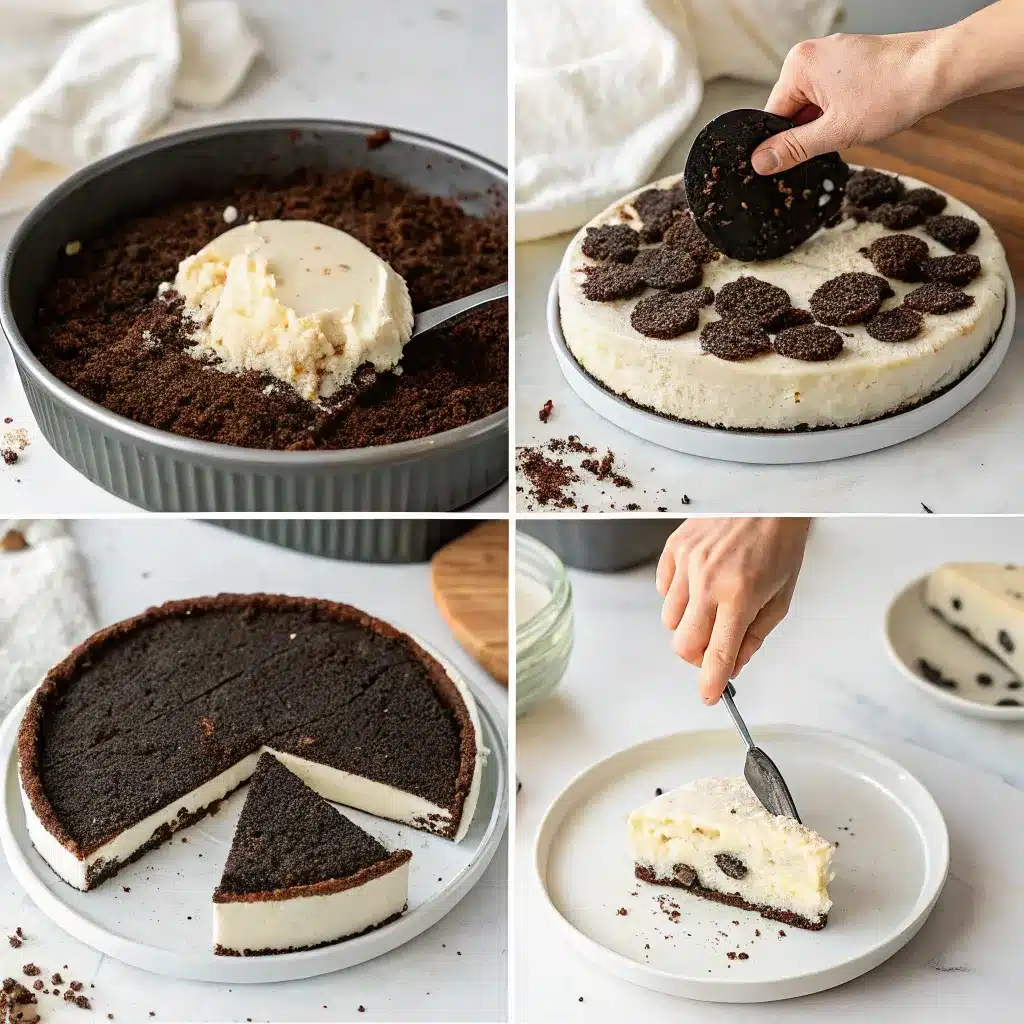 Oreo Ice Cream Cake Recipe That’s Easy, Fun, and Always a Hit 6 Step-by-step process of assembling Oreo ice cream cake with crushed Oreo crust, ice cream layers, and Oreo topping.