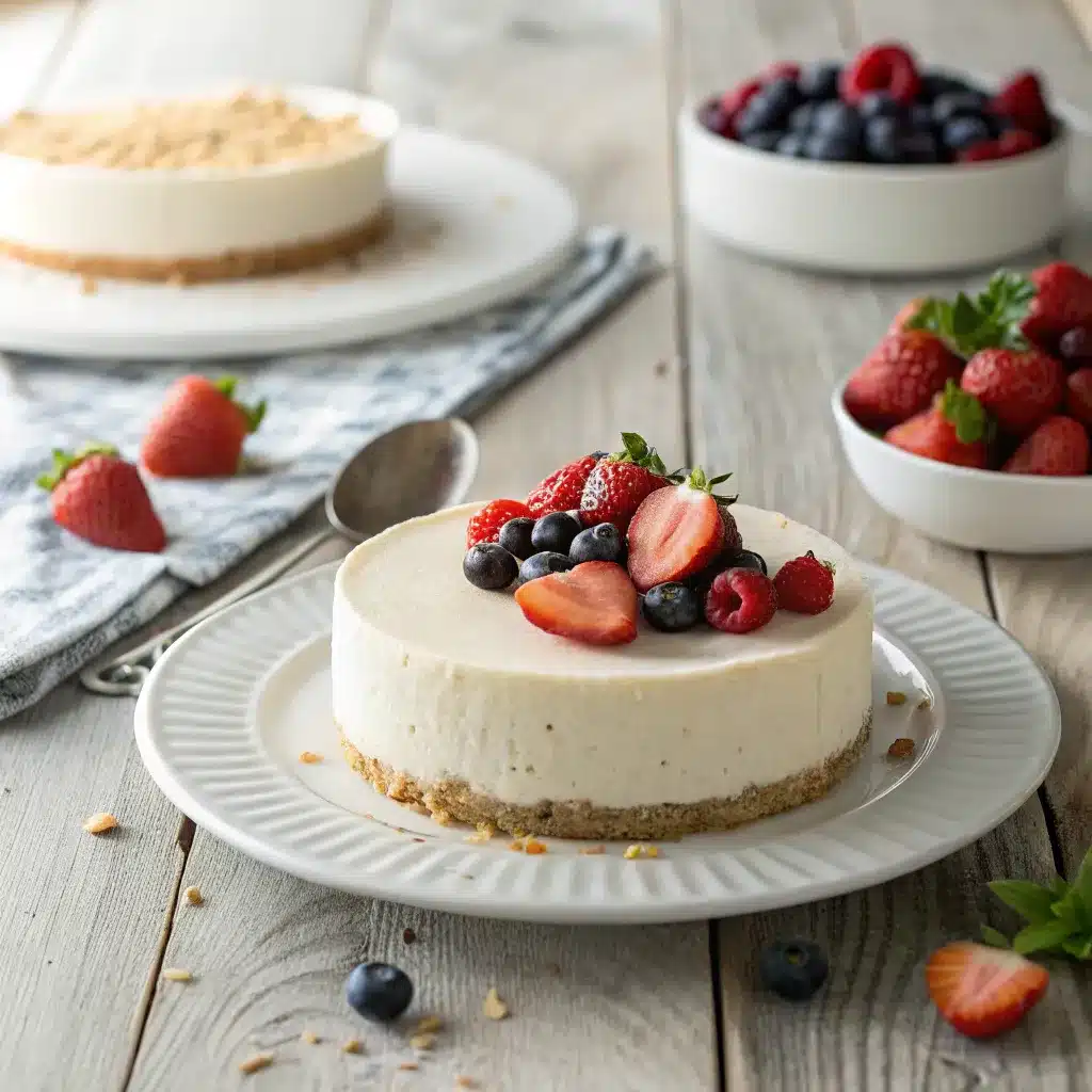 Protein cheesecake no bake on rustic table