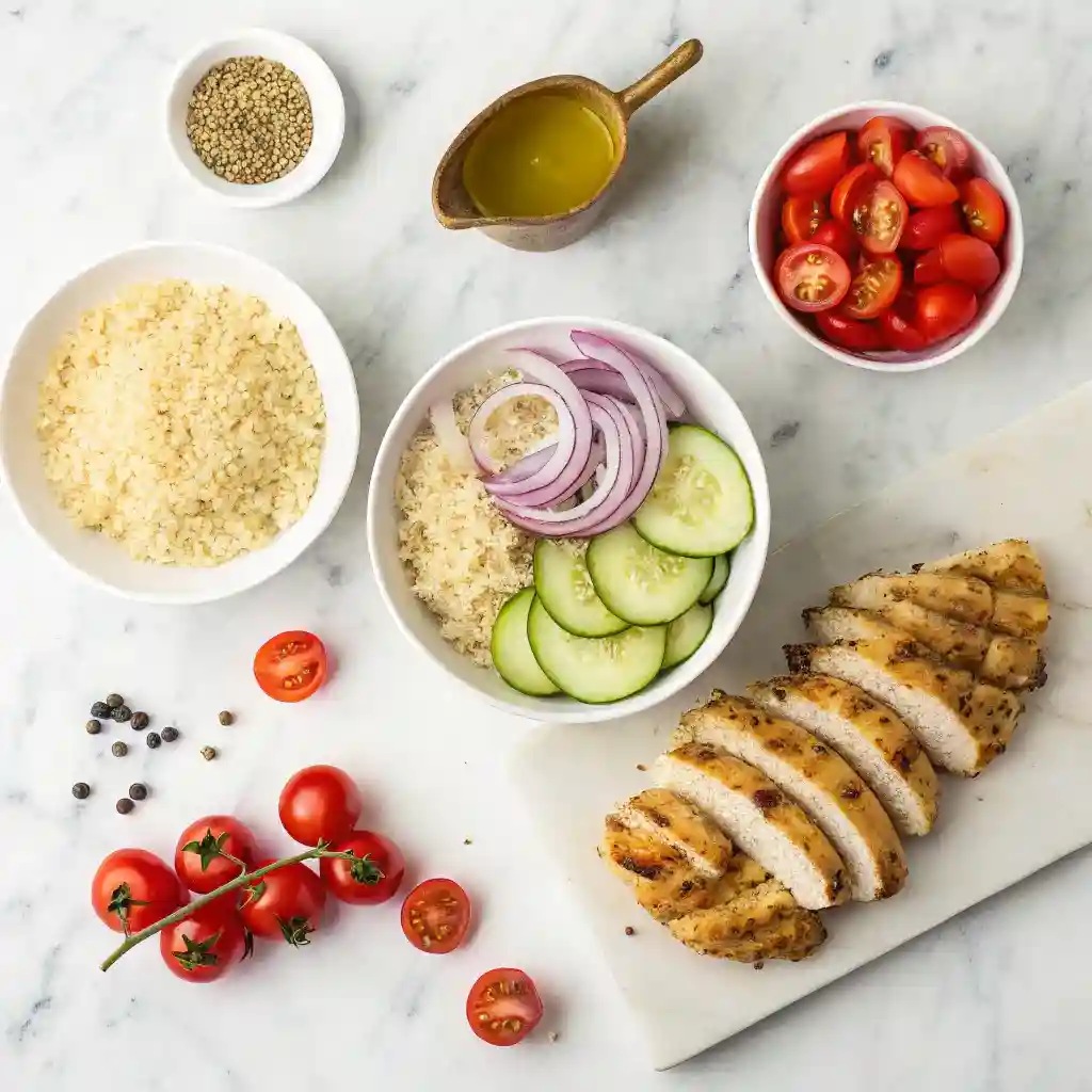 Quinoa with Chicken Salad: A Fresh, Easy Recipe You’ll Crave 7 quinoa chicken salad ingredients flat lay