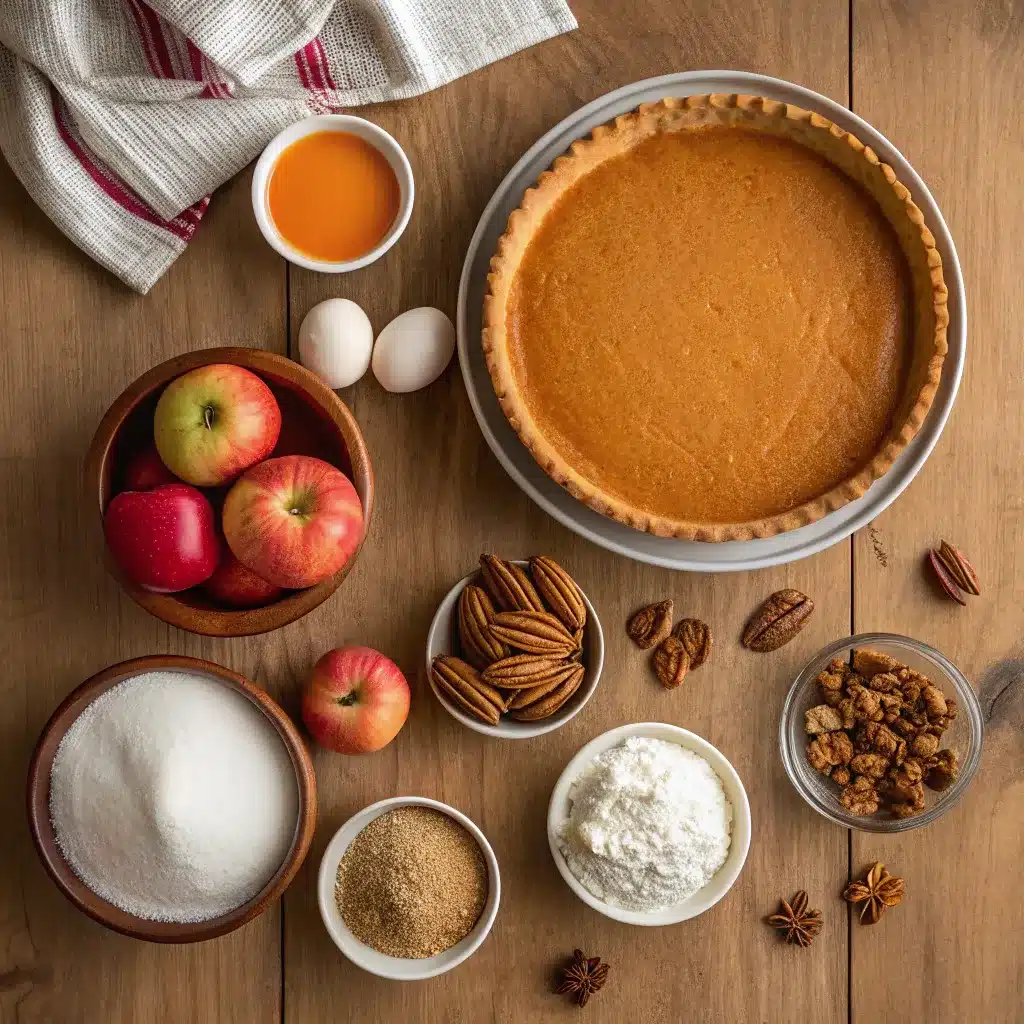 Thanksgiving Desserts Everyone Will Love: Easy, Sweet, Crowd-Pleasing Ideas 7 Ingredients for Thanksgiving pies on a wooden table